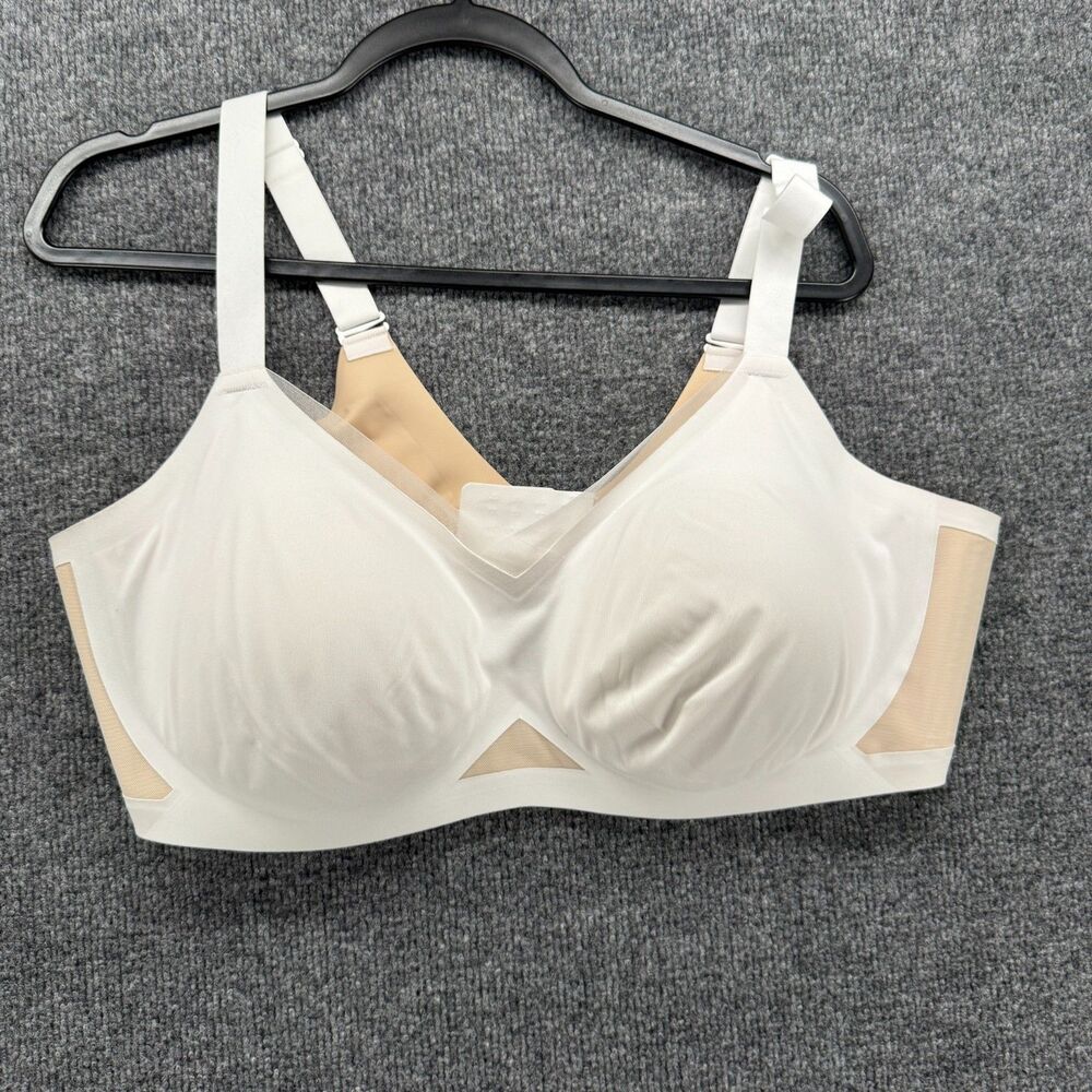 Honey Love Bra Womens 44C/D Wire Free CrossOver White Beige Mesh Trim